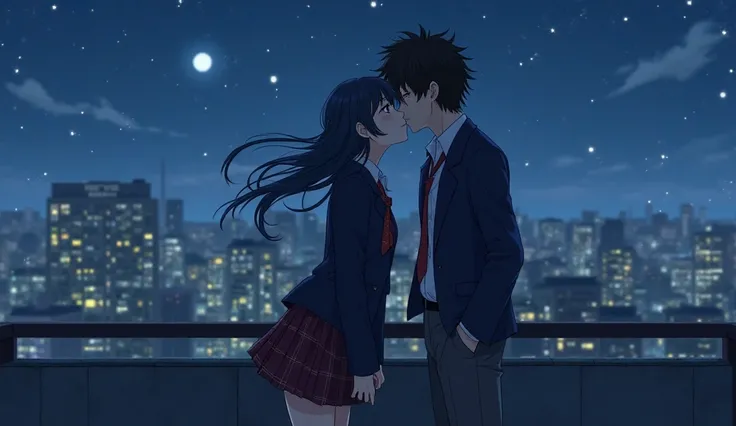 The rooftop of the school at night. The city skyline twinkles in the distance, and the soft glow of the moon bathes everything in a dreamy light. Aoi Takahashi a 16-year-old girl with long, dark blue hair tied in a loose side ponytail, She wears a slightly...