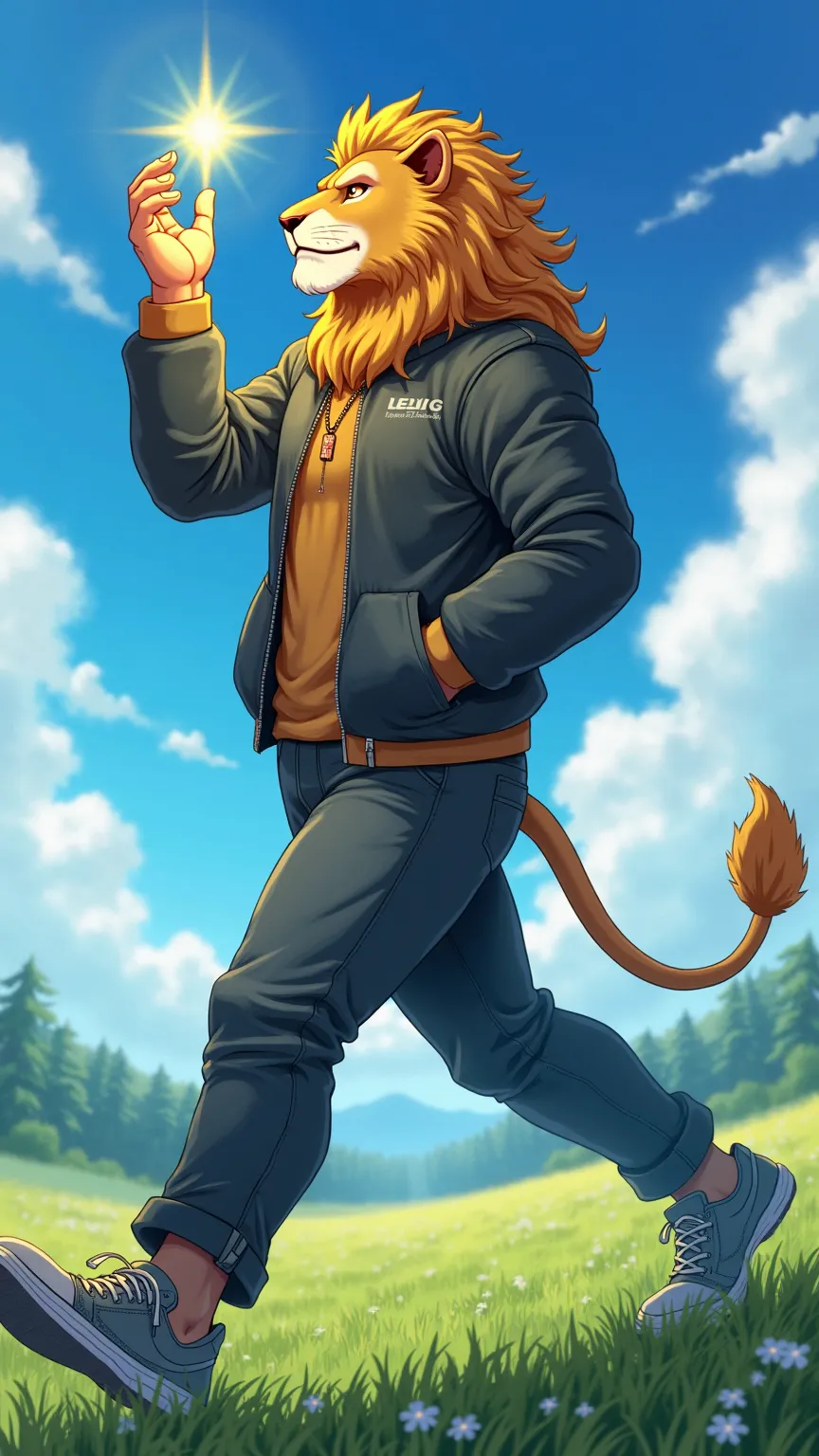 Anime-style illustration of a full-body lion humanoid deity. He has the appearance of a powerful, muscular human with a lion-like head, golden mane, and sharp feline features. He is wearing modern stylish clothing, including a fitted jacket, pants, and cas...