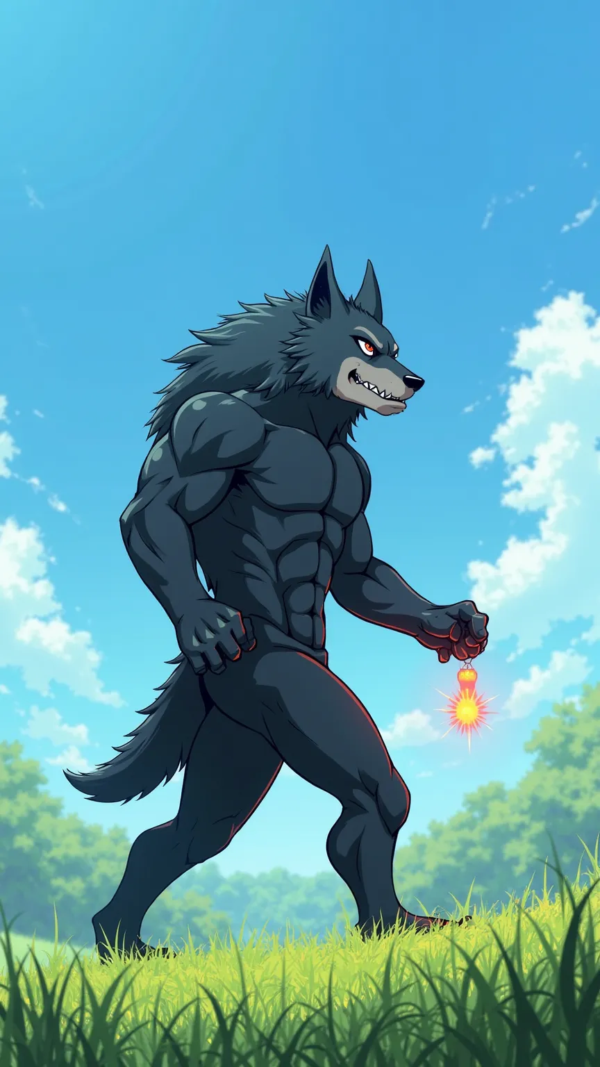 Anime-style illustration of a full-body werewolf. He is a strong, humanoid wolf with muscular build and thick black fur. He has a dangerous and powerful appearance. He is walking to the side, shown in a side view, during a clear, sunny day. The background ...