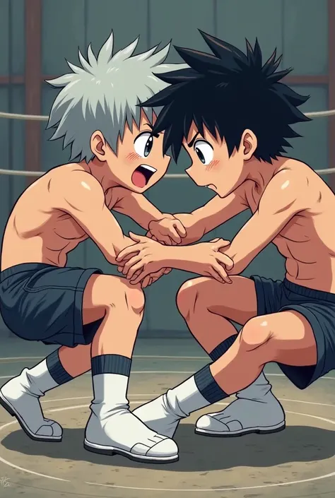 Two boys wrestling, with socks, no shoes, anime, in a ring, a boy with gray hair and white socks, Another with black hair and black socks.