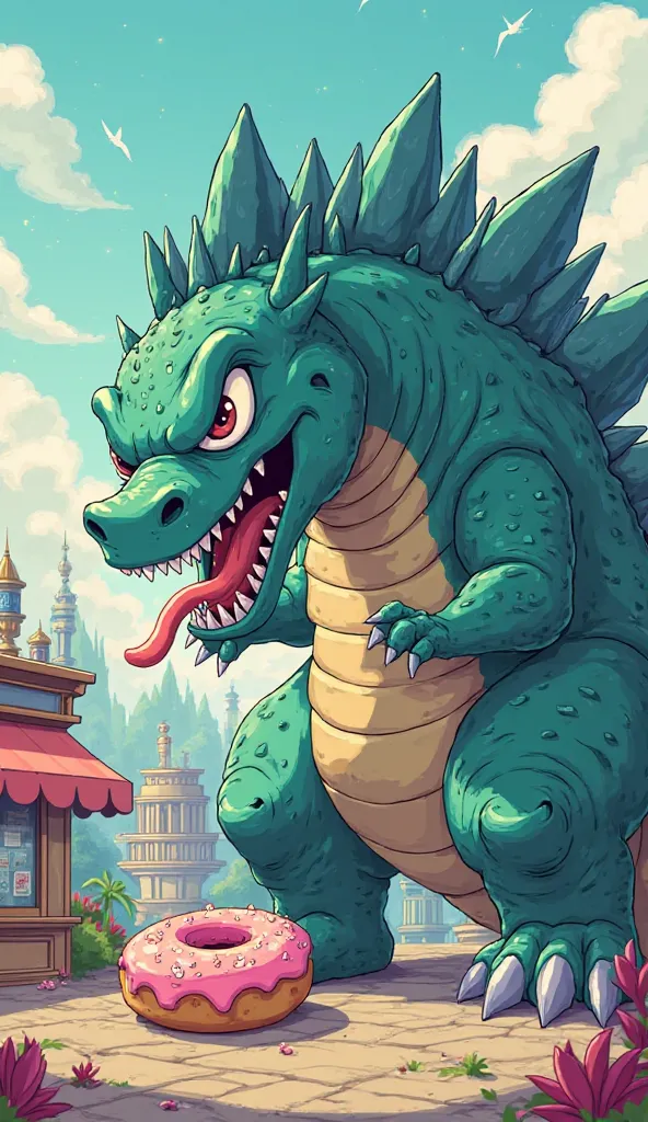 Create a Godzilla cartoon anime eating a super cute donut with your mouth and  