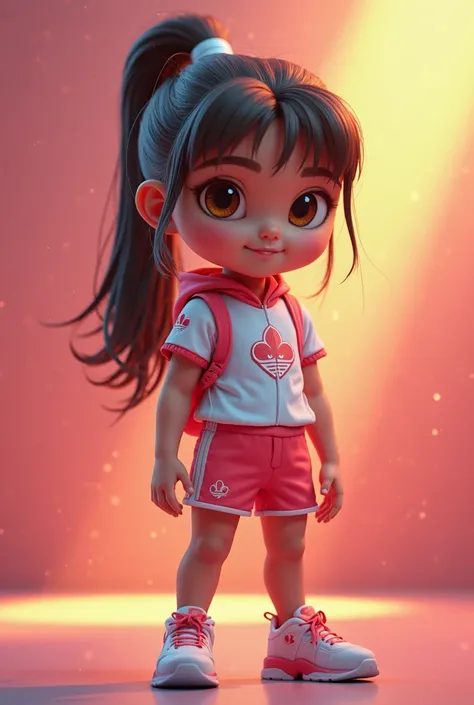 An adorable  of approximately , standing, with a cute and expressive face,  bright eyes and rosy cheeks . She wears a stylized sports outfit, inspired by gaming uniforms, with a modern and detailed design.  Your hair is well combed ,  adding a touch of inn...