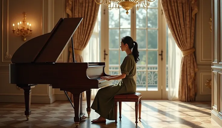 A beautiful young Thai woman sits playing a valuable upright piano in the Victorian style made of rosewood by Steinway, and looks up with sorrowful eyes in melancholy as if someone is standing in front of her. She has a clean face, pale white skin, black h...