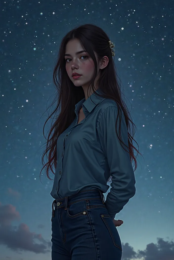 Profile photo of a girl with long hair tied to half her head, cool dark brown hair, looking confident wearing a long-sleeved shirt with fitted jeans, standing under the stars.