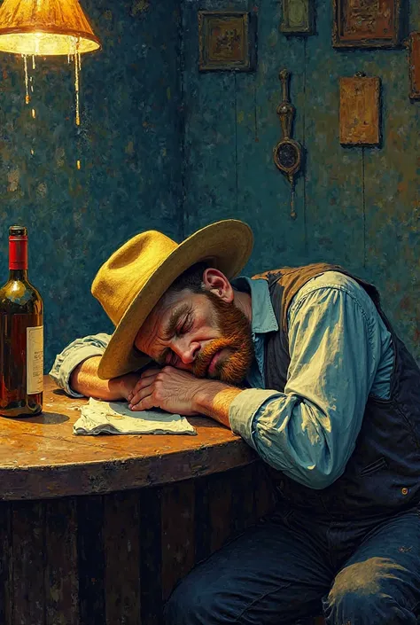 The painter Van Gogh is drinking alcohol and sleeping at the bar table with a bottle of wine flowing