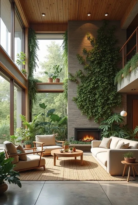 I want 4 different picture , a large area of a living room designed with biophilic style ,with a furniture
