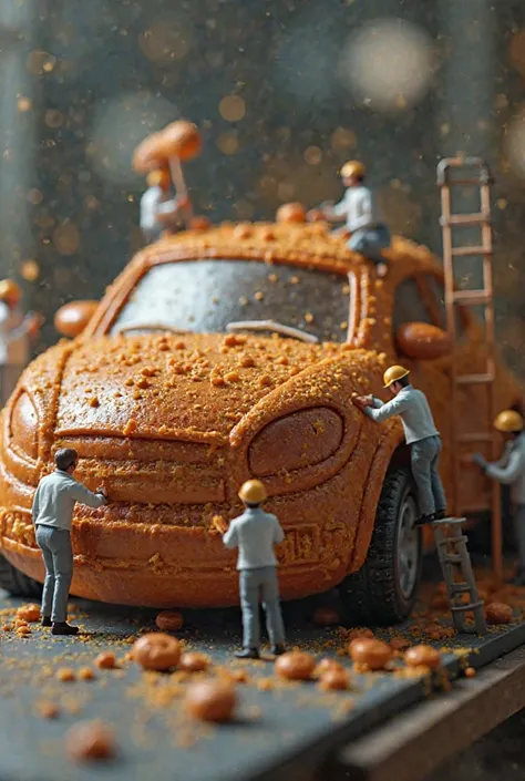 Ultra-realistic macro photography of a giant, [ car with tiny [chefs] in [professional auto building ] working on it. Some builders are standing on scaffolding, carefully layering, while others use tiny spatulas to spread under onto the bun. cinematic ligh...