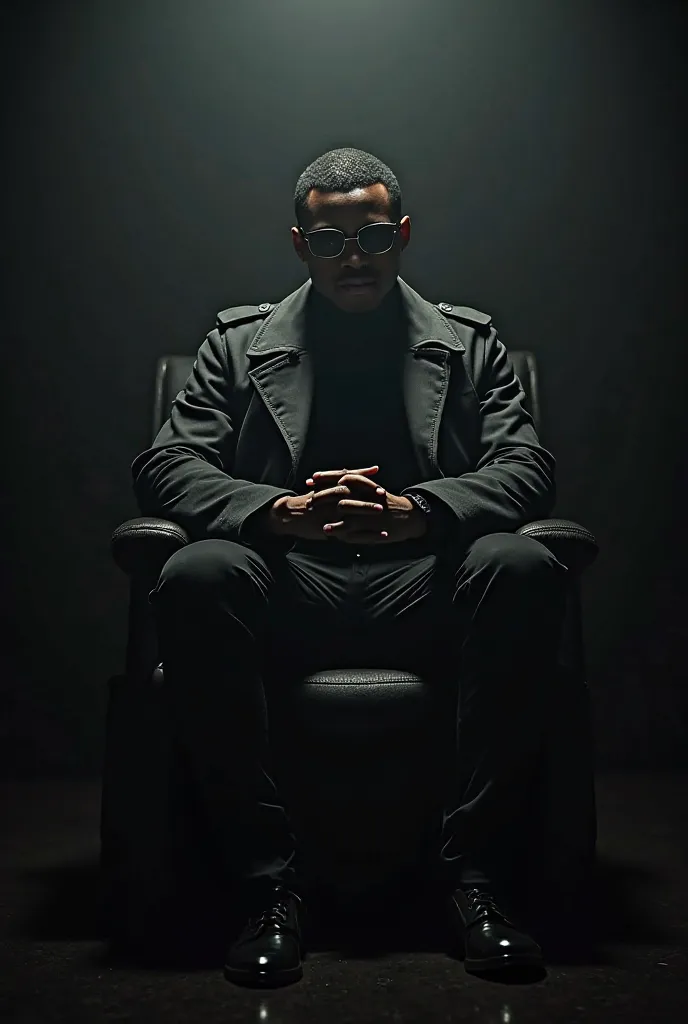 Famous footballer Kylian Mbappé in a dark trench coat, wearing sunglasses, sitting in a chair with his hands folded, looking like a dangerous mafia figure.            