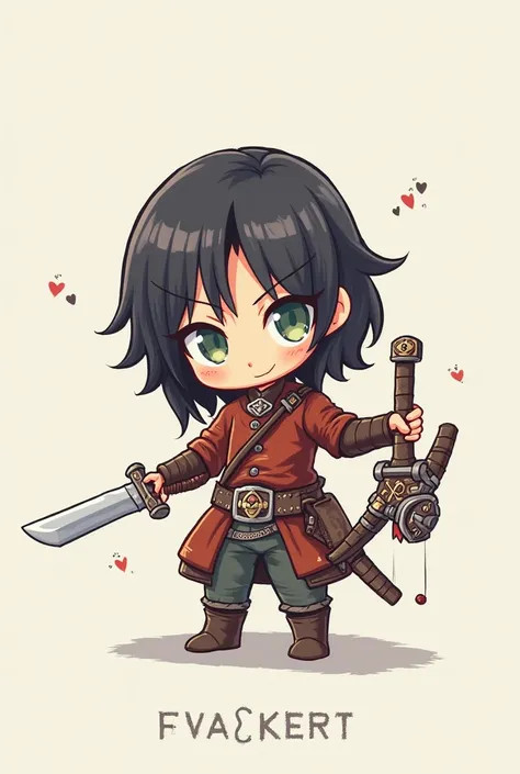 A role character called Eva the Brown, Their weapons are a dagger and a small crossbow, She is short and has dark hair, Make it chibi style