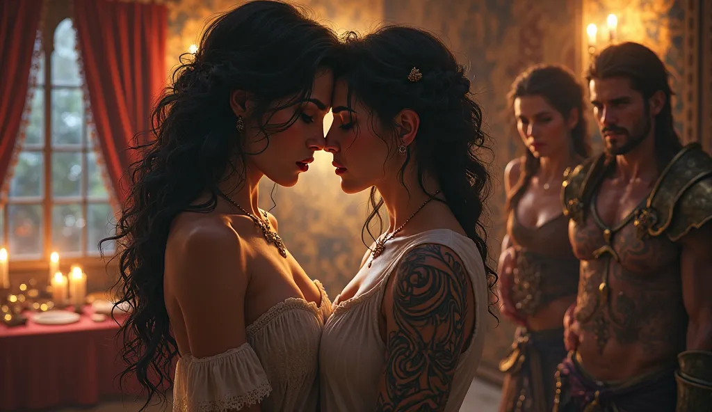 A man and a woman are sharing an intimate moment when they are unexpectedly discovered by two friends. The man and woman have dark hair and are deeply in love, while the two interrupting friends are characterized by their unique tattoos and warrior-like ap...