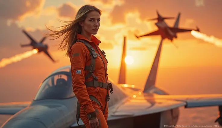 A striking female fighter pilot stands atop the wing of her high-performance jet, set against a sky ignited by a burning sunset. Her battle-worn flight suit clings to her athletic, sculpted frame, emphasizing her power and resilience. Behind her, rival pil...