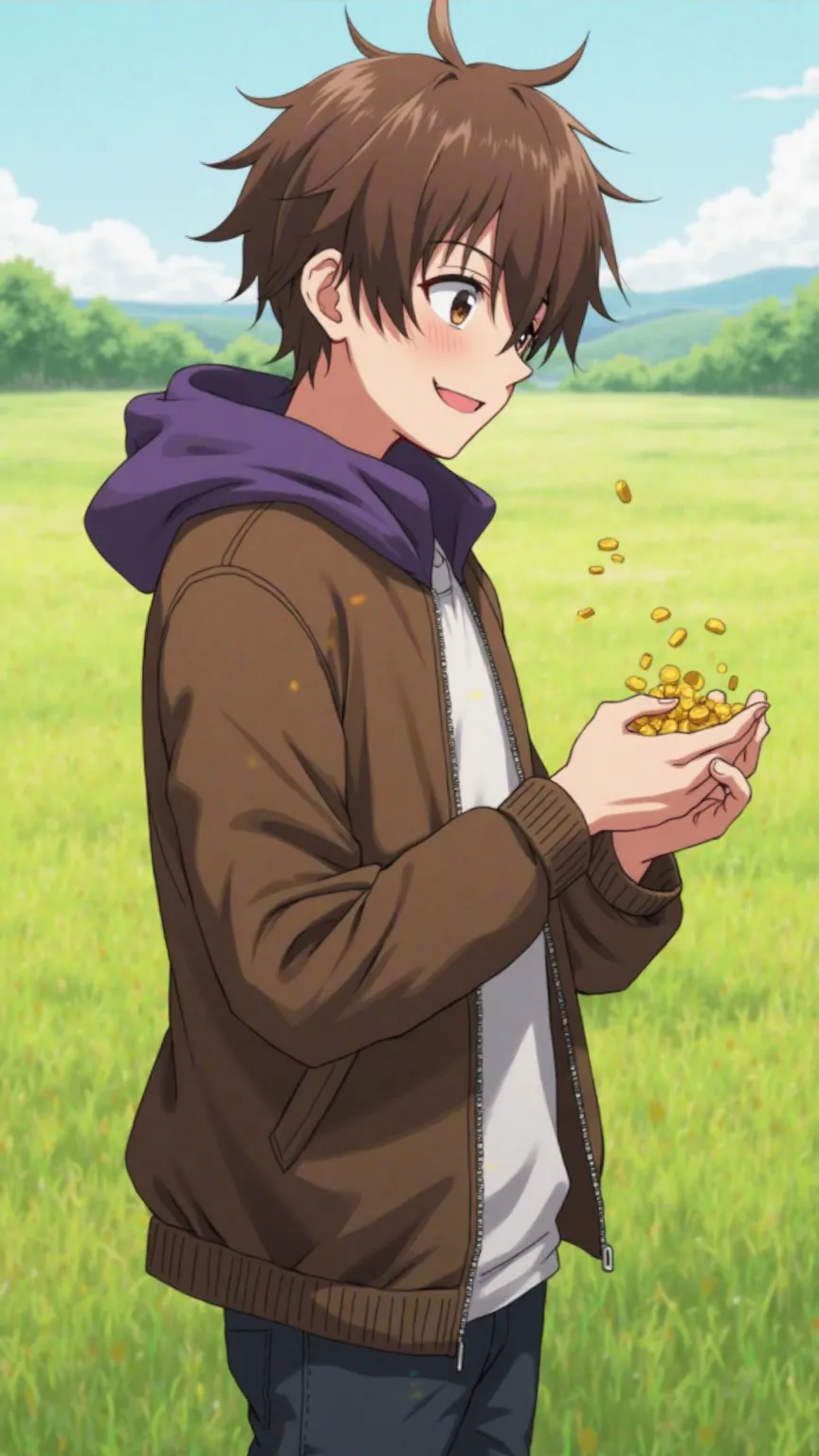 anime guy 30 years old. brown hair. Brown jacket with purple hood, and a white t-shirt.  side view. Turned sideways. Full length. He holds a handful of gold coins with both hands and looks at them very happily. Full length. Green meadow in the background, ...