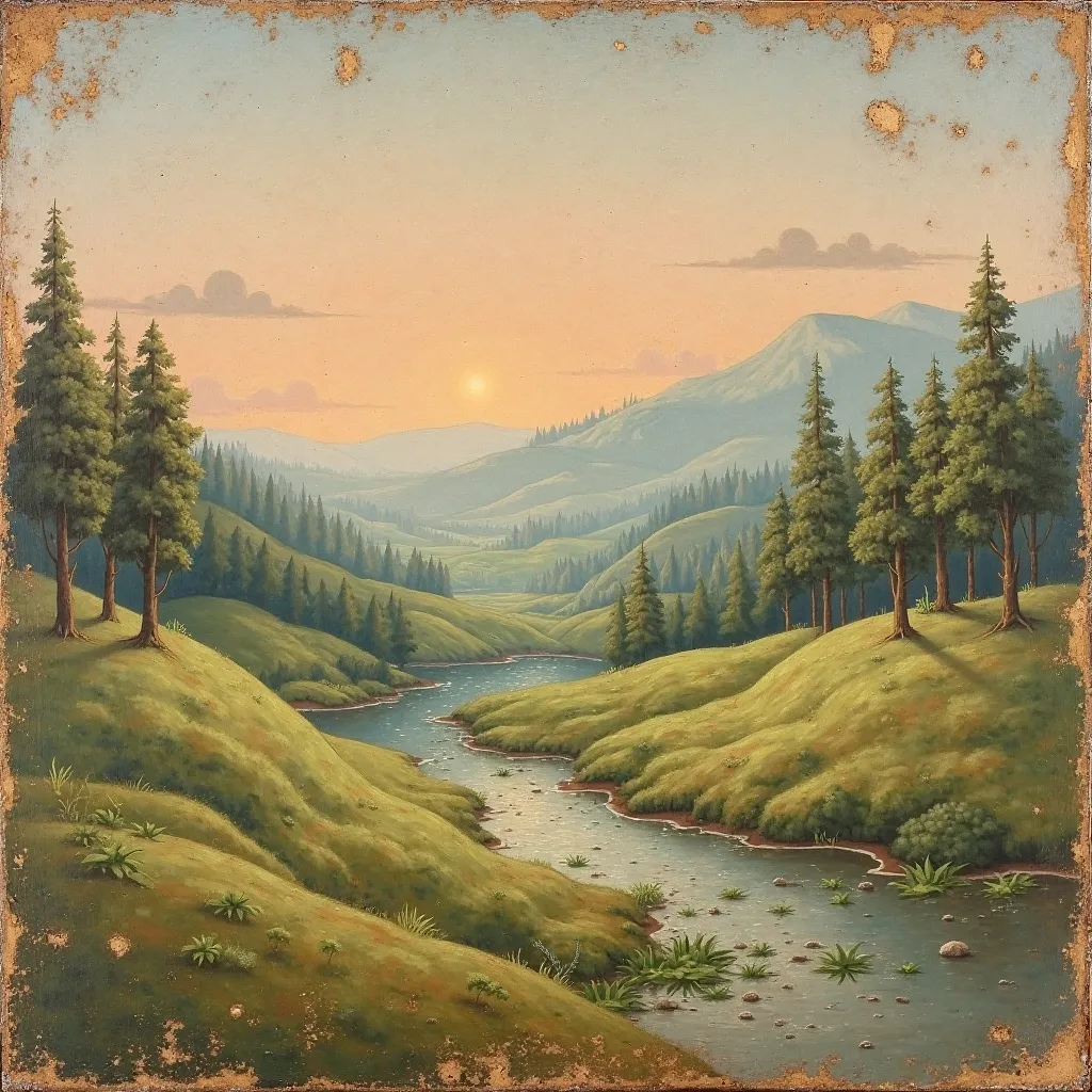 "A traditional buon fresco painting on a 1x1 meter plaster surface, depicting a serene landscape scene. The foreground features rolling hills covered with soft green grass, leading into a distant forest with trees in various shades of green. A small river ...