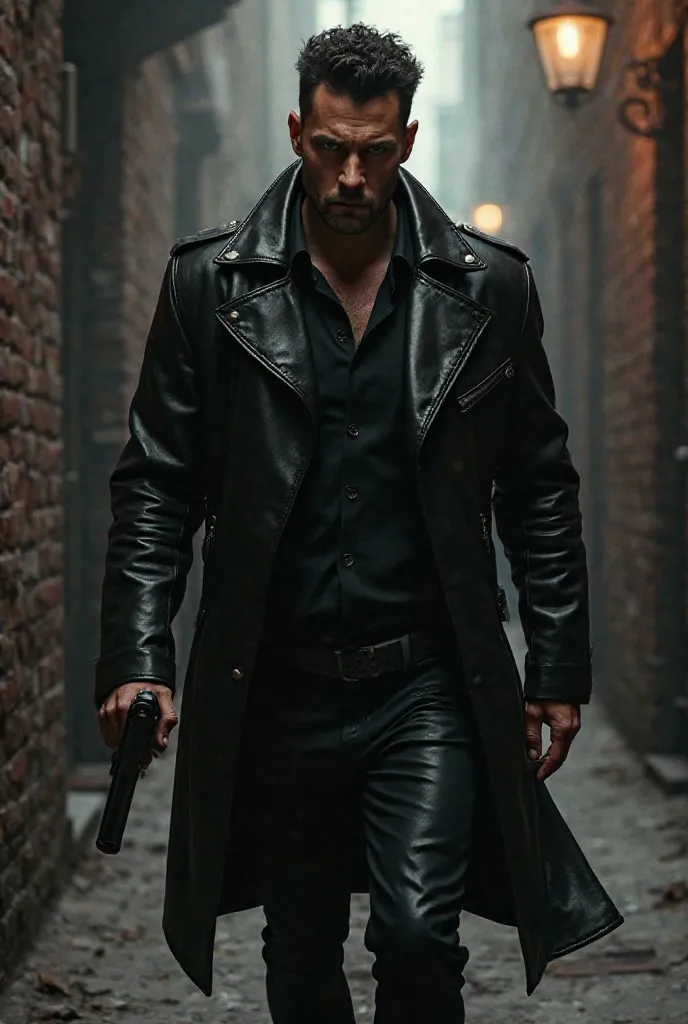 Sergio Ramos in a mafia outfit, with a gun in one hand, wearing a black leather jacket, walking through a dark alleyway with a menacing look.           