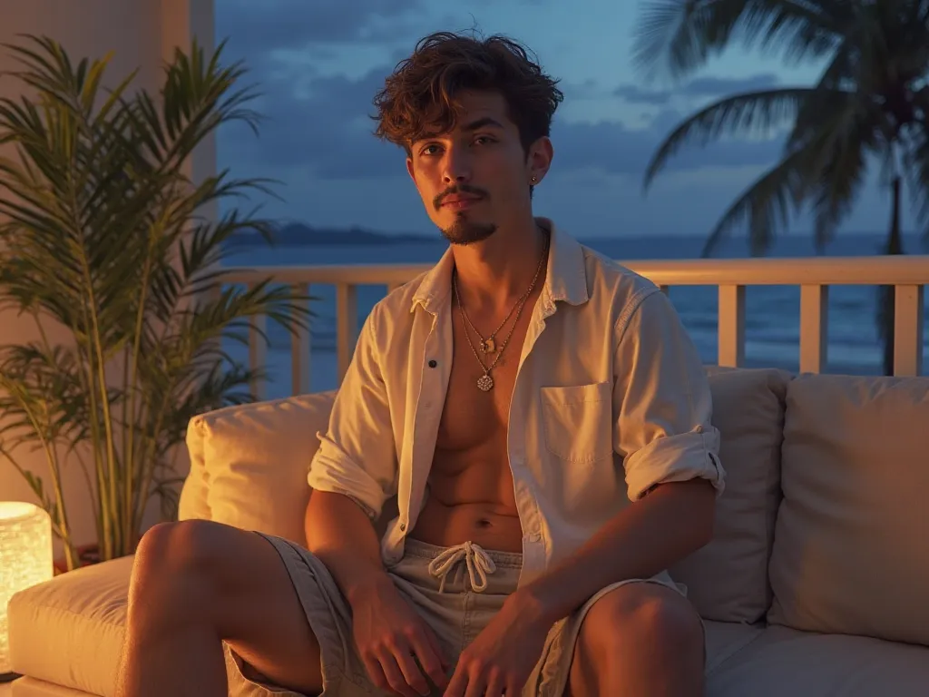 A 21 year old boy, with beige shorts a white Louis Vuitton shirt opened with a white slide flip flop, he has short brown hair with lights a thin moustache and a goatee,  and he's on a balcony of an apartment , with a beach in the background with some palm ...