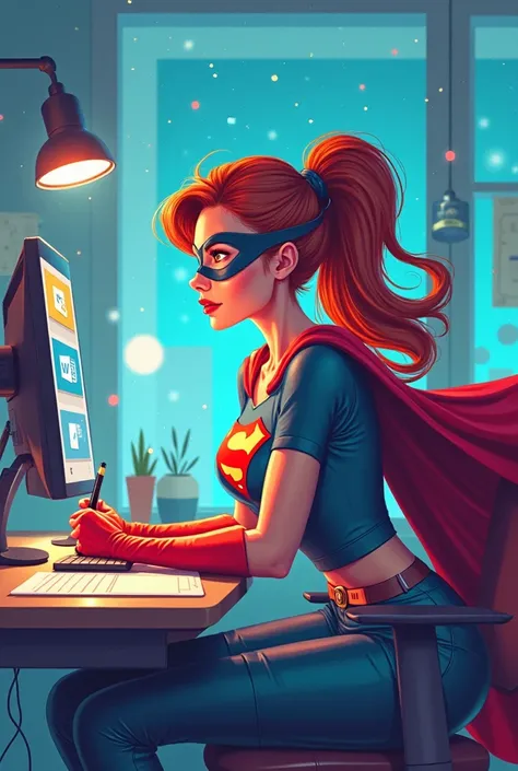 Poster Contains Women Super hero sit in front of PC and holding paper and pen and the PC screen contains Ms Word Opening and Ms Word and Power Point icons flying in the Poster 