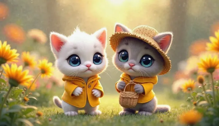 Two small, cartoon-style kittens, one white with a straw hat and the other gray, are standing side-by-side in a garden setting. Both kittens are wearing bright yellow raincoats, and the white kitten is holding a small wicker basket.  Their expressions are ...