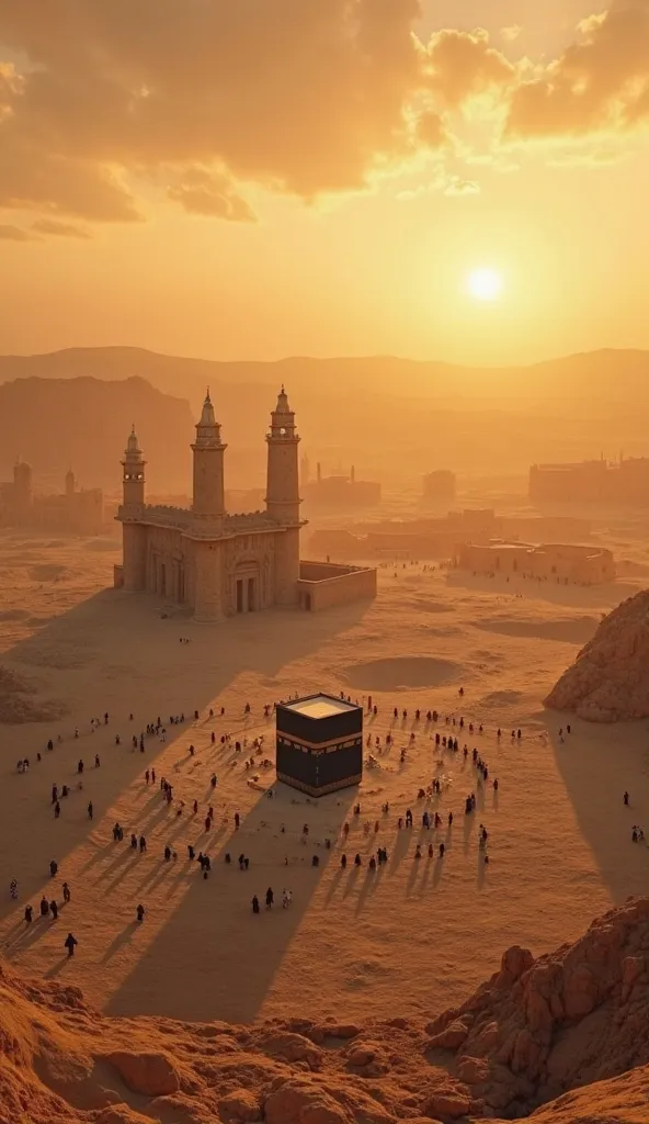 An ancient, timeless scene capturing the essence of spiritual journey— A vast desert under a golden twilight, where three sacred sites stand in their earliest forms. The Kaaba, built with rough stones, stands solemnly amidst an empty, untouched landscape, ...