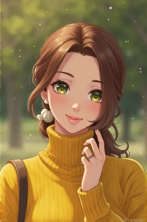 masterpiece,best quality,amazing quality,womanmri, brown hair, low ponytail, hair scrunchie, green eyes,outdoors,park,depth of field,blurry background,light particles,yellow turtleneck sweater,looking at viewer,waving,wedding ring,