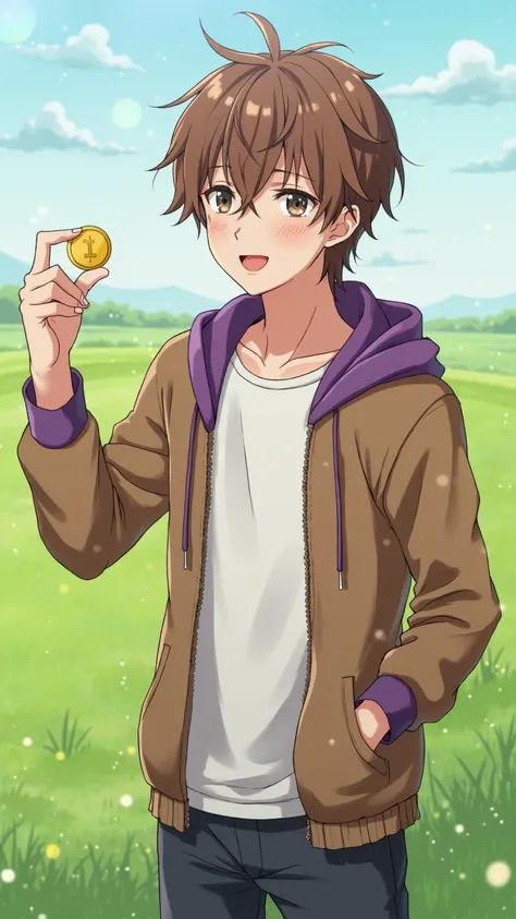 anime guy 30 years old. brown hair. Brown jacket with purple hood, and a white t-shirt. Full length. Holds a gold coin and raises it up, gladly looking at her. Green meadow in the background,  clear day . 