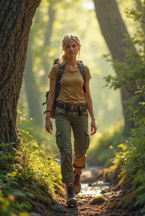 blonde girl in the woods in hiking clothes. realistic