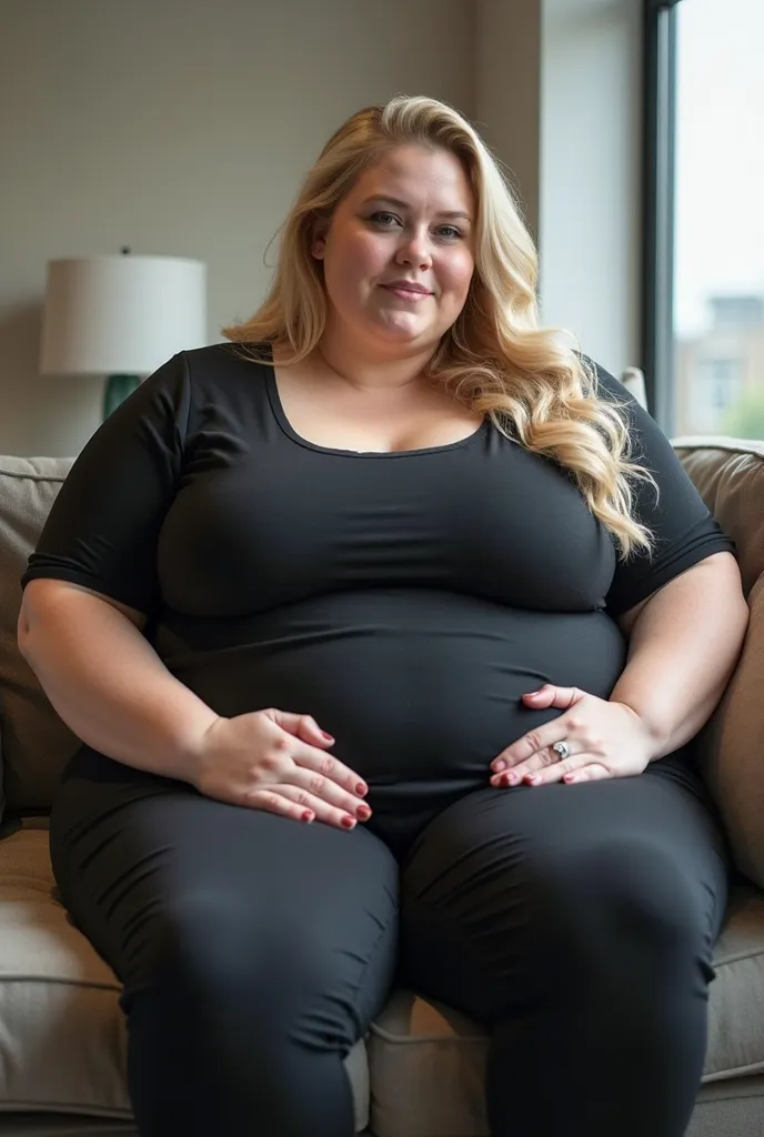 Beautiful plus-size model wearing tight office clothing, young woman, white woman, elegant blonde hair, beautiful blonde hair, sitting on an office couch, massive hips take up the entire couch, can barely fit on couch, massive belly takes up entire lap, to...