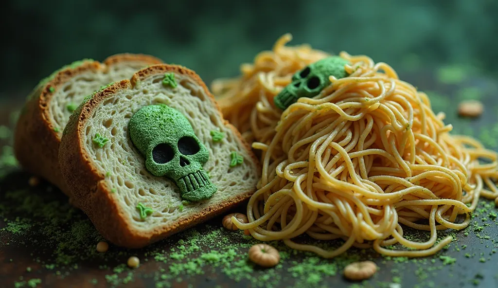 A highly detailed and disturbing image of wheat-based junk food (such as bread, noodles, pastries) contaminated with pesticides and herbicides. The food appears unnatural, with a sickly green and chemical glow, covered in toxic residues and warning symbols...