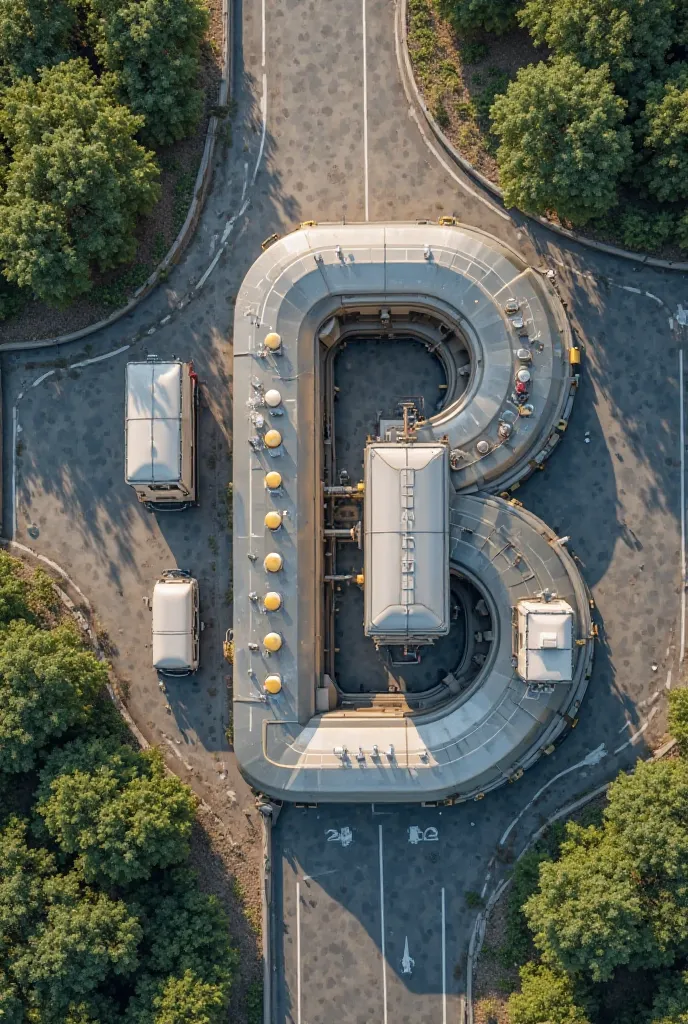 Develop an image of a aerial view of an LPG filling station it should  be lowercase "b" shaped with 6 pumps, the stem of the b should contain 3 dispensing pumps for long trucks and the bowl will have 3 dispensing pumps for small vehicles the stem must be p...