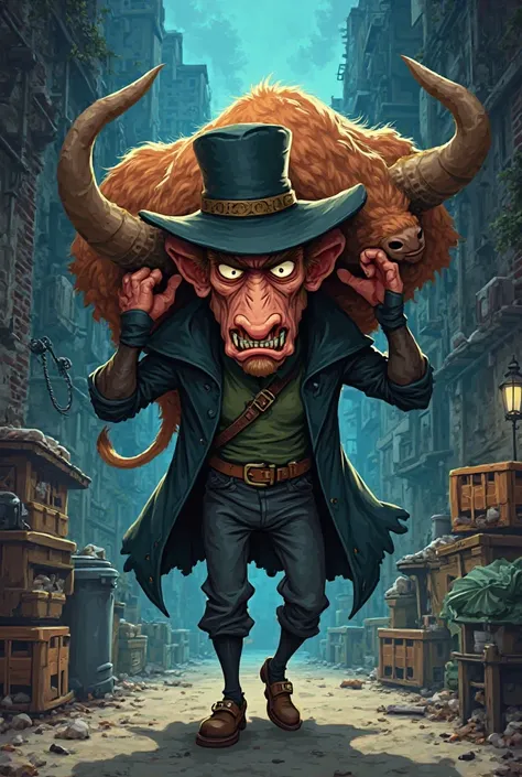 Animated cartoon illustration, showing a thief carrying an ox on his shoulders. The thief must have an evil expression. 