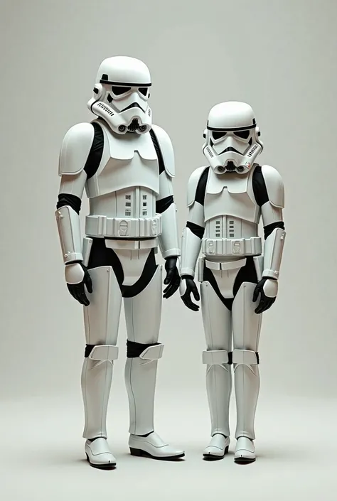 Create an image of two brothers , a man and a woman wearing only Stormtrooper helmets.
