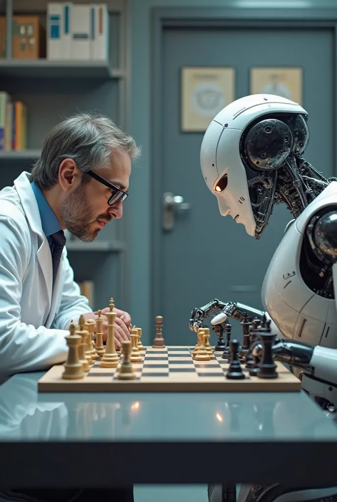 A biology scientists play chess with w robot 