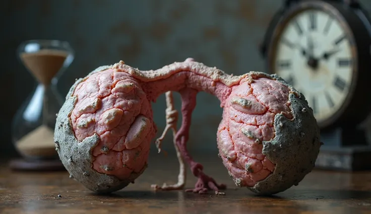 A highly detailed and symbolic depiction of ovarian aging in a Korean woman. The ovaries appear shriveled, withering, and covered in cracks, resembling dried fruit or aging tissue. The color palette includes faded pinks and grays, symbolizing the loss of v...