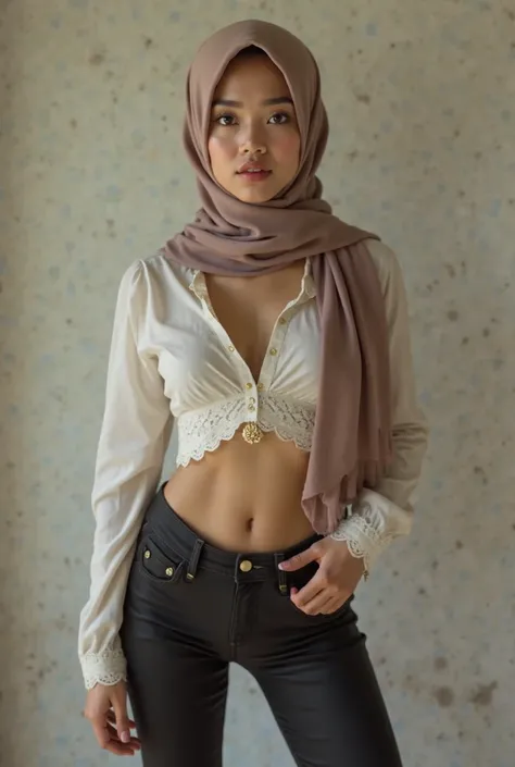 Malay girl, busty, hijab, tight pants