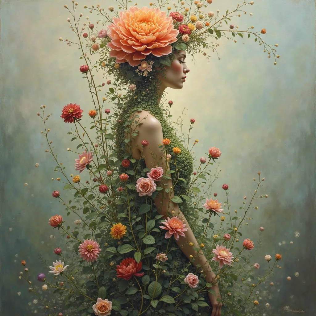 prompt,  surreal , oil painted, A woman who looks like a flower ( Full length)