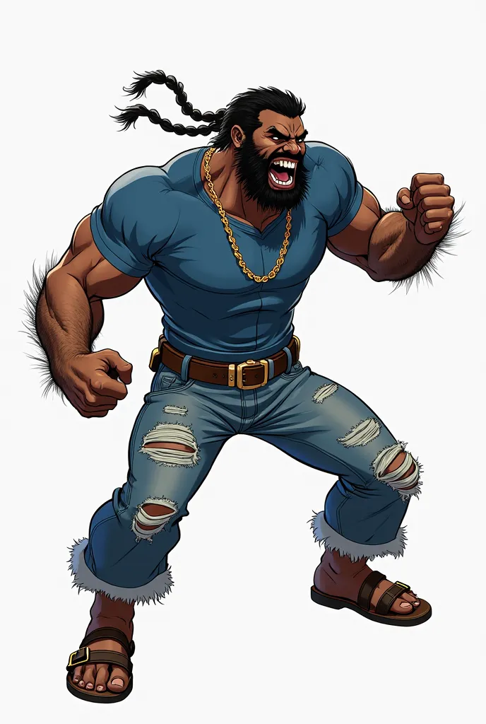 Side view of marvels logan wolverine, black african skun and face, military necklace, widow's peak braided back hair, blue t shirt, ripped blue jeans, short stocky male, muscular wide shoulder, matured male, hairy body, brown slick leather sandcho shoes, i...