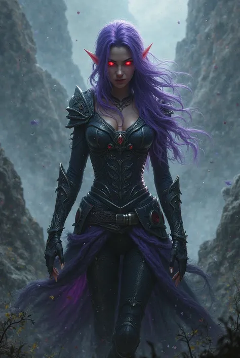 A red-eyed warrior woman with pointed ears with purple purple hair