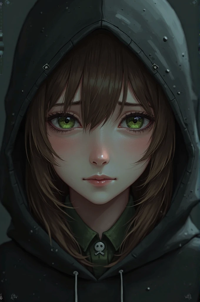 Close-up of a lonely brown-haired girl green eyes in a black hood with a smile