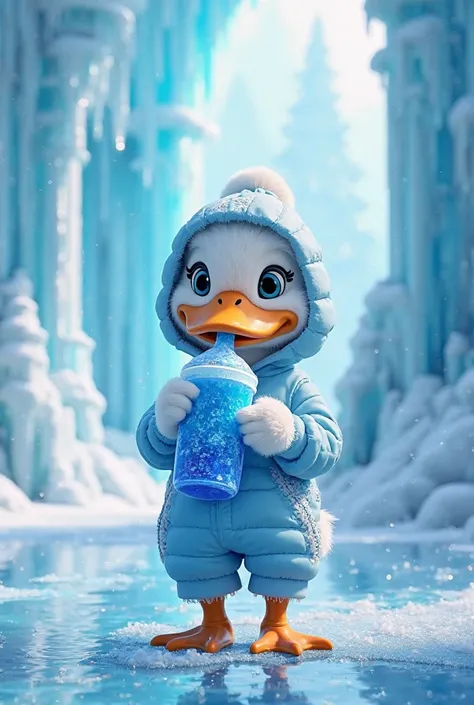 Cute Hip hop baby duck drinking blue berry slushie in frozen ice castle,8k, 3D animation aesthetic wallpaper 