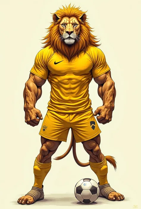  A fierce lion muscular soccer player in an all-yellow uniform 