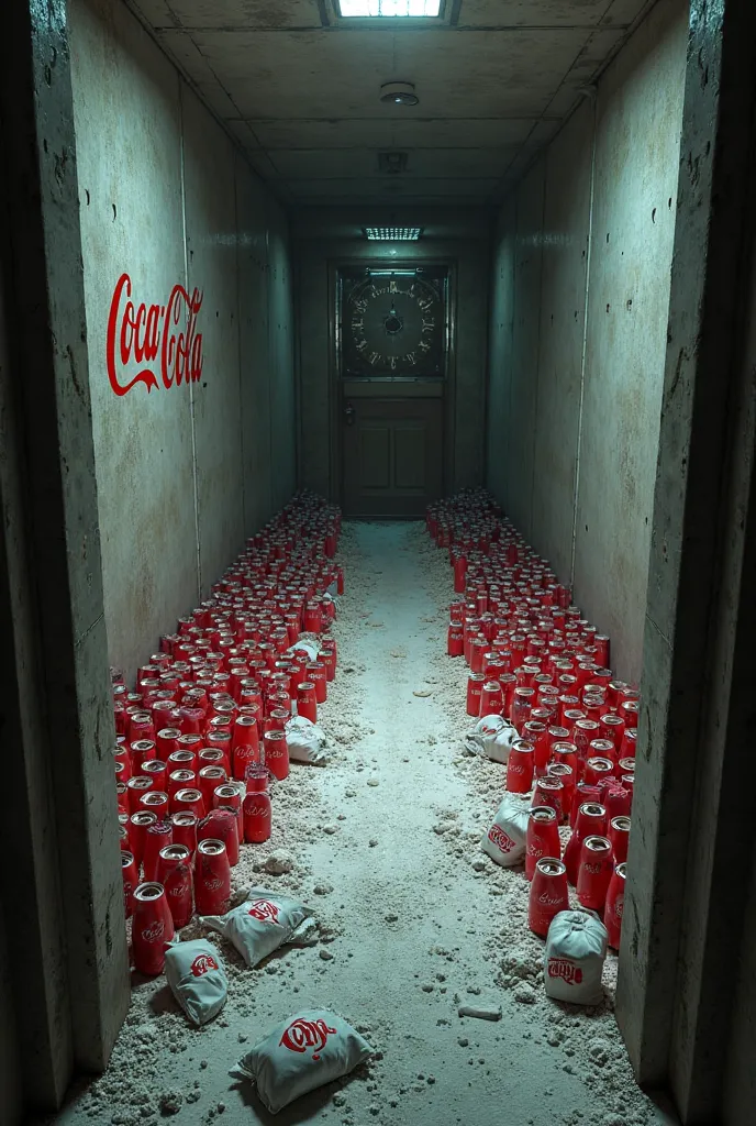 Make me a photo of a vault filled with small coca cola glasses and some white powder all over the floor and some in bags all across the room with the word CocaLola written on the wall