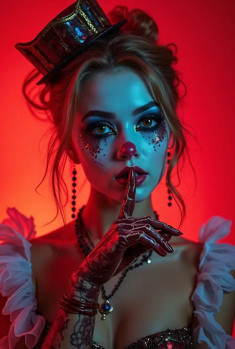 YOUNG EUROPEAN WOMAN DRESSED AS A CARNIVAL WITH HER FINGER IN HER MOUTH TELLING HER TO SHUT UP, STRIKING AND SATURATED RED TONES