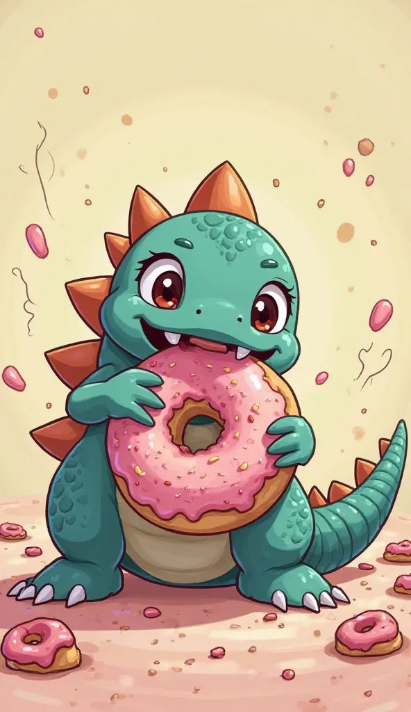 Create an anime cartoon of Godzilla baby eating a super cute donut with his mouth and  