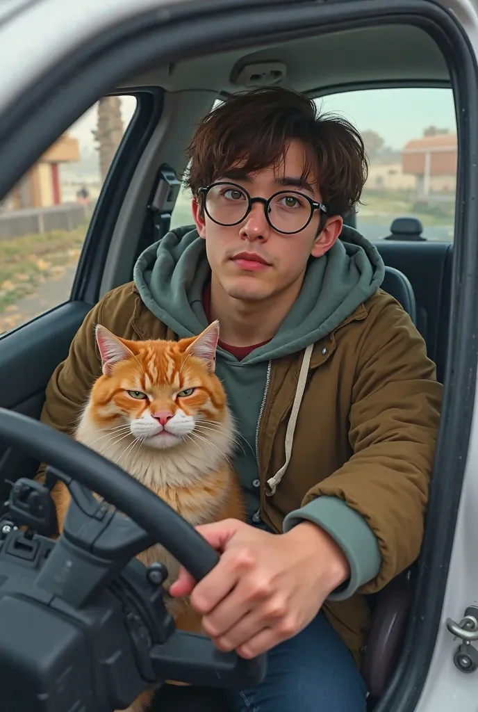 Generate me a picture of a young looking Kazakh. He has brown hair with a middle parting and round glasses. He is supposed to sit in a Suzuki Splash with a fat little orange cat.