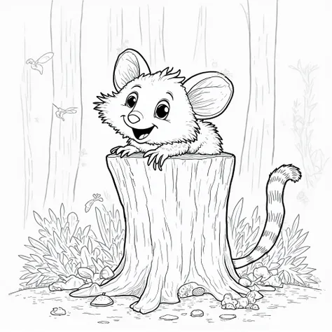 A happy possum sits on a tree trunk in the forest, with a big smile on its face and friendly, practical eyes. Its fluffy, striped tail curls slightly to the side. The surrounding area is full of natural details, such as fallen leaves, small mushrooms and b...