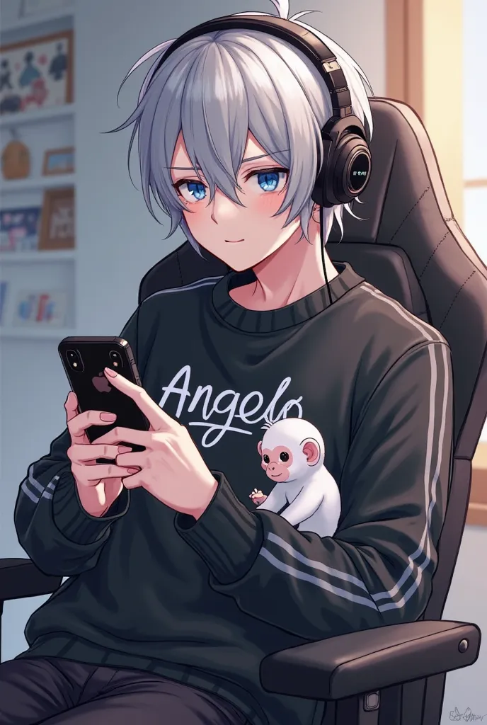 Make a male anime-style character with silver hair and silver eyes with wireless gaming headphones, black sweater with the name Angelo with some Japanese letters, white monkey, an Apple phone in your hands sitting in a gamer chair with some accessories oth...