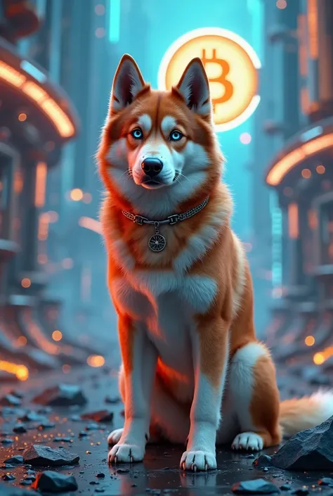 Brown-colored Siberian Husky,Leave him in a futuristic Bitcoin technological environment 