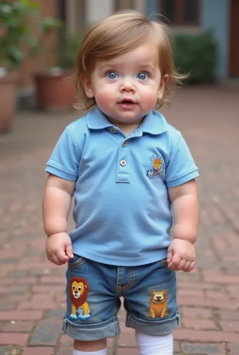 A beautiful  baby boy is standing wearing a blue collared shirt with lion embroidered details on the leg of blue shorts, white socks and blue shoes from Guga. His long straight hair is light brown, well cut and tidy.,  and her eyes are large and blue , con...