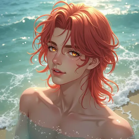  male， youth，Handsome ，grace，hair is rose red， Long Hair and Shoulders ，M型瀏sea，hair ends are golden，golden eye，Red wine，sea，anime characters