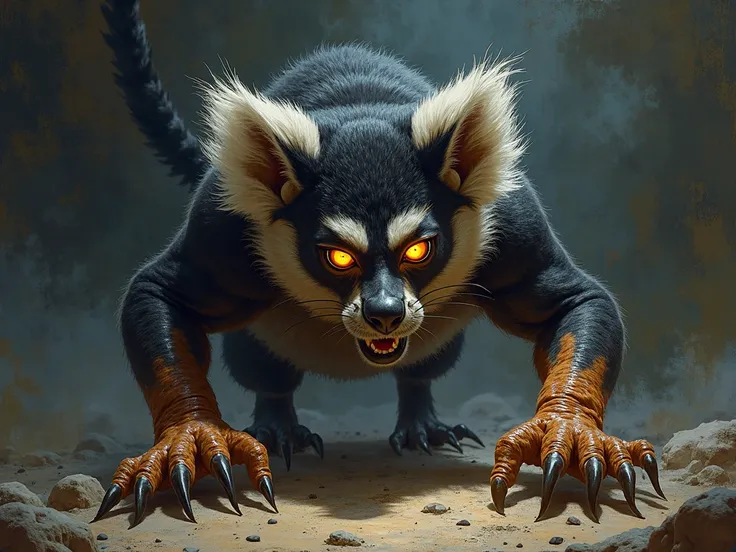 A fierce, highly detailed, and realistic illustration of a predatory creature resembling a lemur, with glowing, intense amber eyes. The creature's sharp claws are extended as it leans forward in a menacing pose. The fur is intricately textured, combining s...