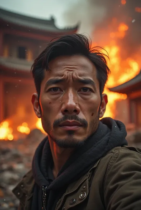 An ultra-realistic portrait of a man **Caucasian ** Taking a selfie, with a facial expression of deep sadness and tears streaming down his face. In the background, there is a traditional building **Asian** On two floors on fire, with dense smoke and intens...